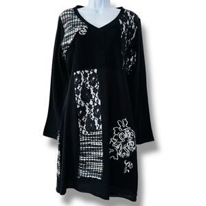 Emma G Large Embellished Multi Fabric Black Long Sleeve Sweater Dress Boho